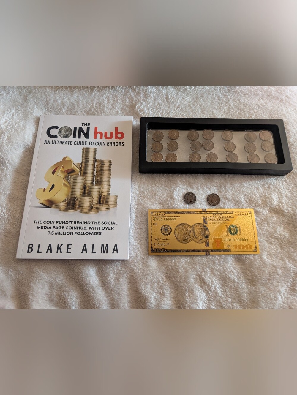The coin hub autographed book with penny collection & gold plated $100 bookmark